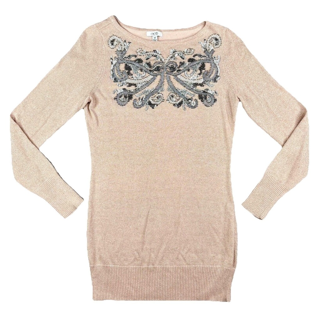Cache Metallic Rose Gold Sequin Scroll Knit Sweater Top Size Medium‎